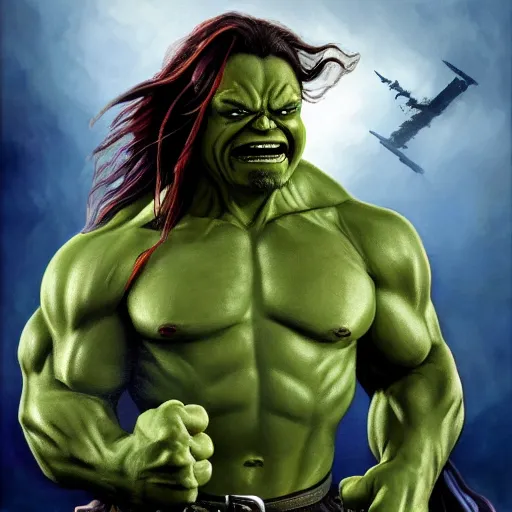 Prompt: hulk starring as jack sparrow. full body. oil on canvas. intricate. 8 k. highly professionally detailed. hdr. cgsociety