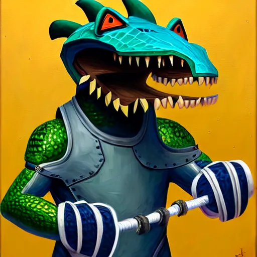 Prompt: an anthropomorphic male alligator fursona in fencing gear, furry art, oil on canvas, dramatic