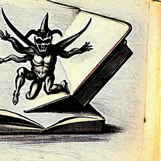 Image similar to a devilish spirits emerging from a book ontop of a computer, renaissance era sketch, satanic, ritual