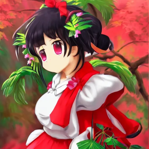 Image similar to a pixiv of reimu in the jungle wearing bonnet