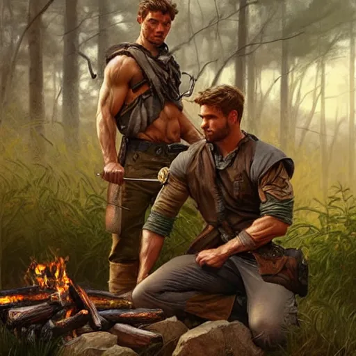 Image similar to Rugged male rangers relaxing by the fire, relaxed, D&D, muscular, after hunting, upper body, fantasy, intricate, elegant, highly detailed, digital painting, artstation, concept art, smooth, sharp focus, illustration, art by artgerm and greg rutkowski and alphonse mucha