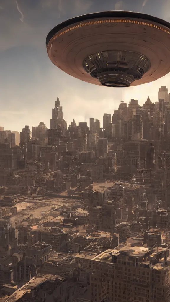 Image similar to The flying saucer is over the city,highly detailed,cinematography,realistic cinematic lighting, Super realistic 3D style