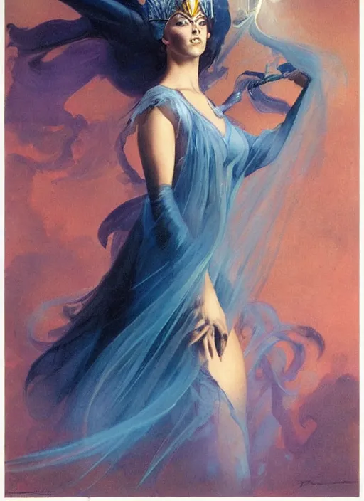 Image similar to portrait of mighty plump female sorceress, blue tiara and veil, lightning halo, strong line, muted color, beautiful! coherent! by frank frazetta, by boris vallejo