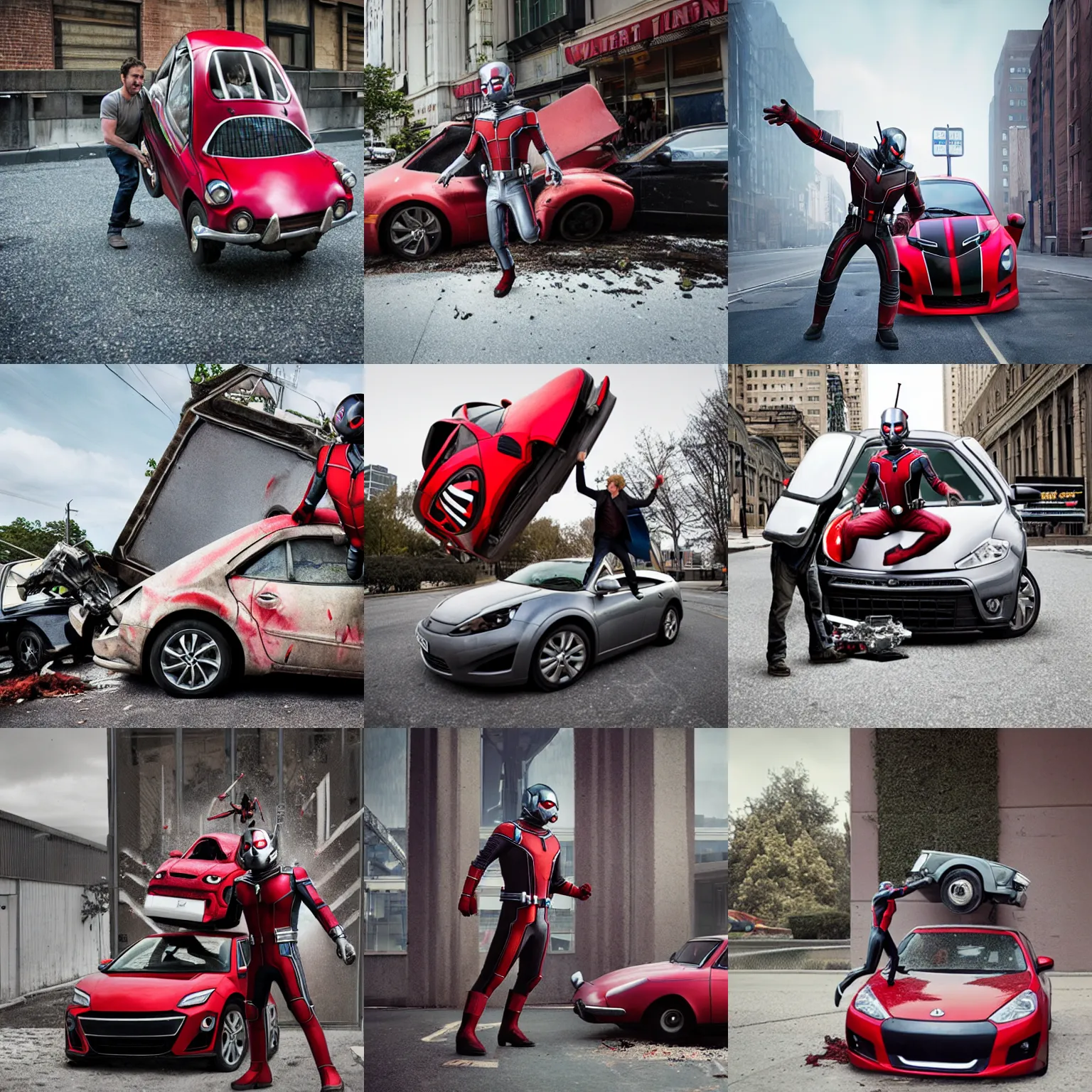 Prompt: Giant Scott Lang (Ant-Man) crushes a car, photography by Julia Fullerton-Batten