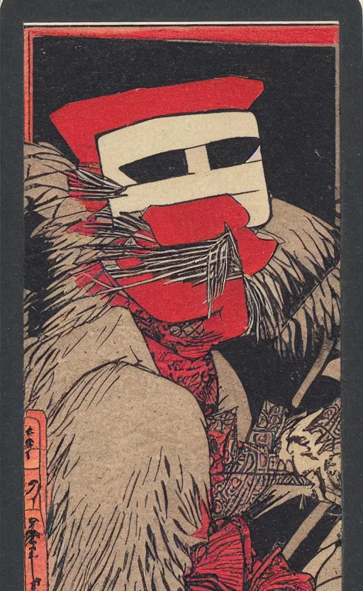 Prompt: by akio watanabe, manga art, a man masked as tengu sitting, red mask, abandoned japaense village, trading card front