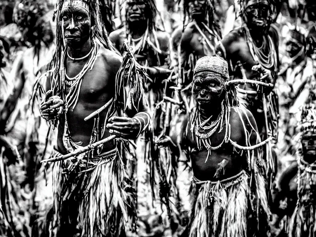 Image similar to cinematic, 3 5 mm, photography, ancient baluba tribe ceremony, a shaman wearing a tribal ancestors masks in dark woods, drummer, tribal dancers in transe, fire, congo, luba tribe