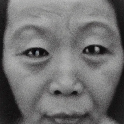 Image similar to photo of Mui Yim Fong by Diane Arbus, extreme closeup, black and white, high contrast, Rolleiflex, 55mm f/4 lens