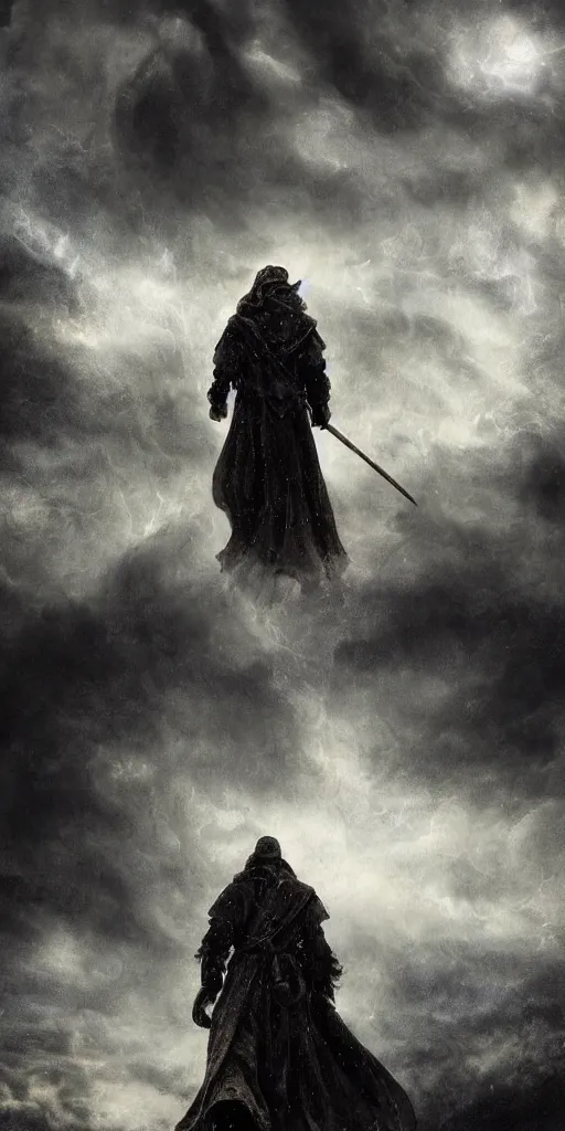 Prompt: a medieval peasant wizard walking alone in the night during a stormcloud with dramatic airbrushed clouds over black background by Luis royo and Yoshitaka Amano airbrush fantasy 80s, realistic masterpiece