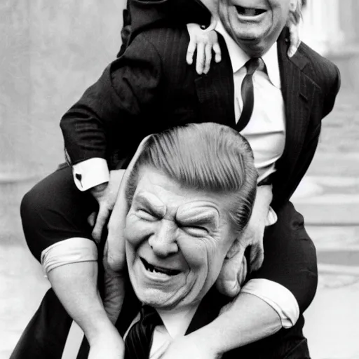 Prompt: dwarf trump getting a piggy - back ride from ronald reagan