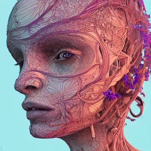 Image similar to the head of an unbelievably elegant and beautiful woman partially made of potatoes and violets, an ultrafine detailed illustration by james jean, final fantasy, intricate linework, bright colors, behance contest winner, vanitas, angular, altermodern, unreal engine 5 highly rendered, global illumination, radiant light, detailed and intricate environment