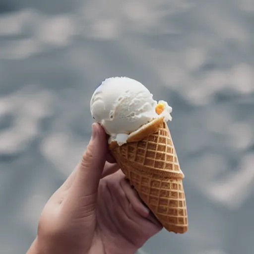 Prompt: ice cream cone in someone's hand pov, product shot, macro, hyper realistic, beach, octane render, raytracing, trending on artstation, artstationhd, artstationhq, unreal engine, 4 k, 8 k
