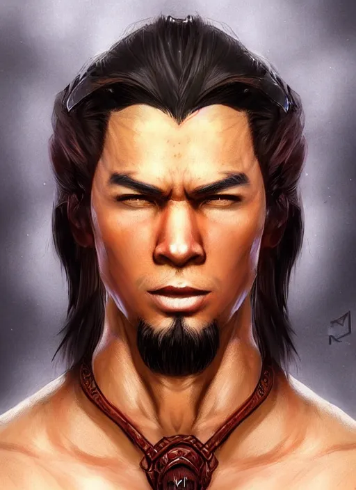 Prompt: muscly asian man middle parted hair, dndbeyond, bright, colourful, realistic, dnd character portrait, full body, pathfinder, pinterest, art by ralph horsley, dnd, rpg, lotr game design fanart by concept art, behance hd, artstation, deviantart, hdr render in unreal engine 5