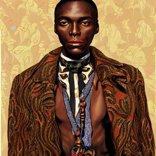 Prompt: a professionally painted african male model , clothed in ancient gothic street wear, dark skin, reddish gold hair, beautiful bone structure, symmetrical features, stunningly, beautiful, intricate, elegant, digital painting, smooth, sharp focus, illustration, made by Kehinde Wiley, Kara Walker, Jacob Lawrence, Sam Gilliam, Edmonia Lewis,