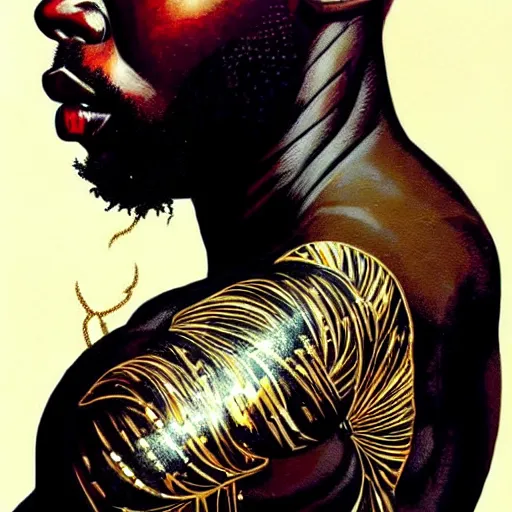 Image similar to side profile of a black man :: in ocean intricate details :: gold :: dark and horror :: by vikings and Sandra Chevrier