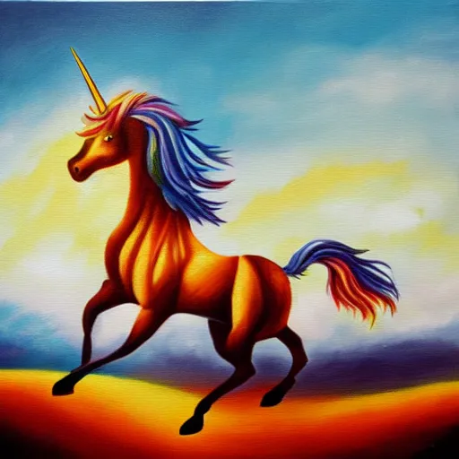 Prompt: unicorn walking on a rainbow, in the style of caravagio, oil painting
