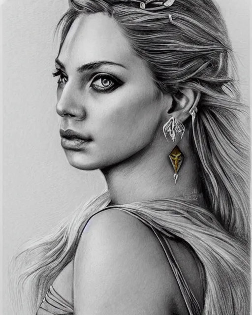 Image similar to pencil drawing of a beautiful greek goddess aphrodite with arrowhead earrings, beautiful piercing eyes, beautiful blonde hair, hyper realistic face, in the style of greg rutkowski, fantasy, amazing detail, epic, elegant, smooth, sharp focus, from the front