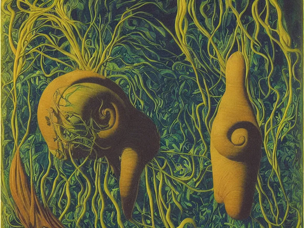 Image similar to portrait of a Mystic snail African mask with blue eyes in a water forest. Young comet. Georges de la Tour, Rene Magritte, Jean Delville, Max Ernst, Ernst Haeckel