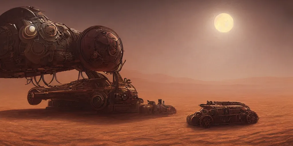 Image similar to steampunk hovercraft speeding across a red desert, greg rutkowski, 8 k, shallow depth of field, intricate detail, concept art,