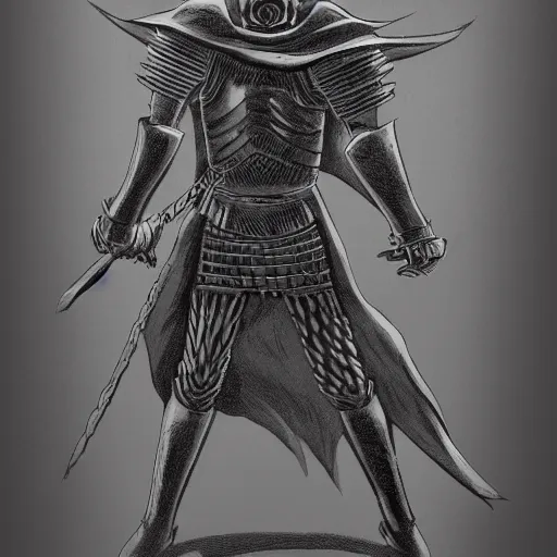 Image similar to a human knight drawn in the style of Kentaro Miura, dark manga, fantasy