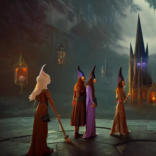 Prompt: witches and wizards standing around a magical artefact in an ethereal elven city ,highly detailed, 4k, HDR, award-winning, artstation, octane render