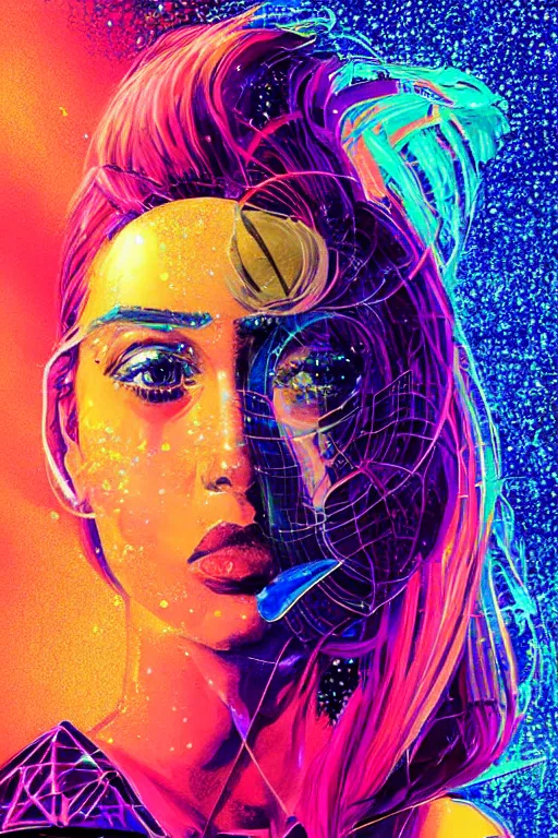 Prompt: fisheye portrait, digital painting, an beautiful, crazy hacker girl, lost in code, synthwave, glitch!!, fractured reality, refraction, glitter, realistic, hyperdetailed, golden hour, concept art, art by syd mead, cubism