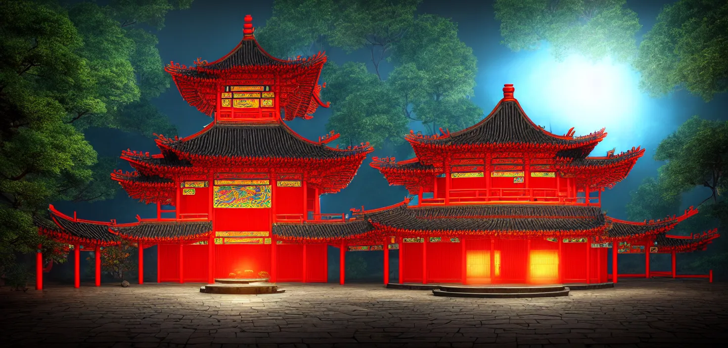 Image similar to a traditional chinese building in the forest at night, big round glowing multicoloured portal house, central symmetrical composition, incredible, vector art, octane render, fabulous, hyper detailed, random cinematic view, no noise, global illumination, warm lighting, volumetric, godrays, vivid, beautiful, by jordan grimmer