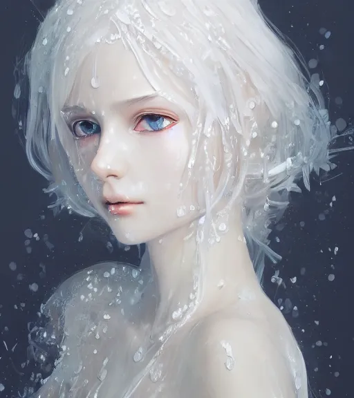 Image similar to Portrait of a white haired anime girl wearing a wet white lace nightgown, intricate, highly detailed, smooth, close-up, artstation, digital illustration by Ruan Jia