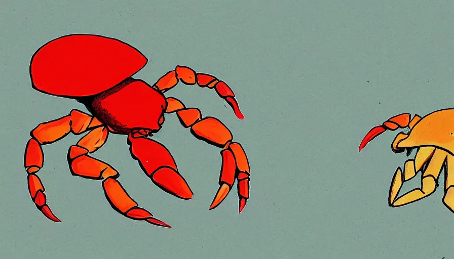 Prompt: A crab dancing on a beach, claws in the air. In the style of Studio Ghibli