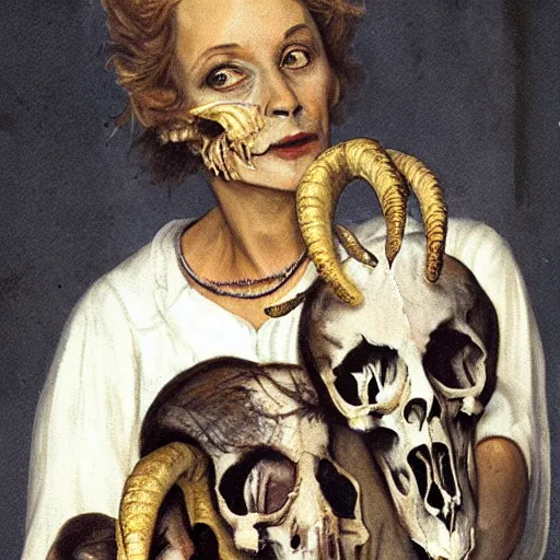 Image similar to the frightening visage of a woman with 3 goat skulls for a face