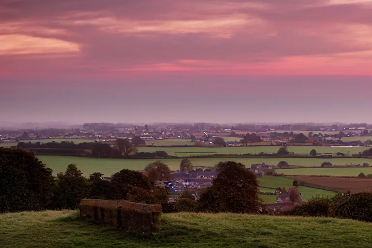 Image similar to A landscape photograph showing the city of Salisbury viewed from Old Sarum at sunrise, lighting by Albert Bierstadt, misty!!!, beautiful light, cinematic, morning light, dawn, English countryside, award winning photography, highly detailed, 24mm, fujifilm