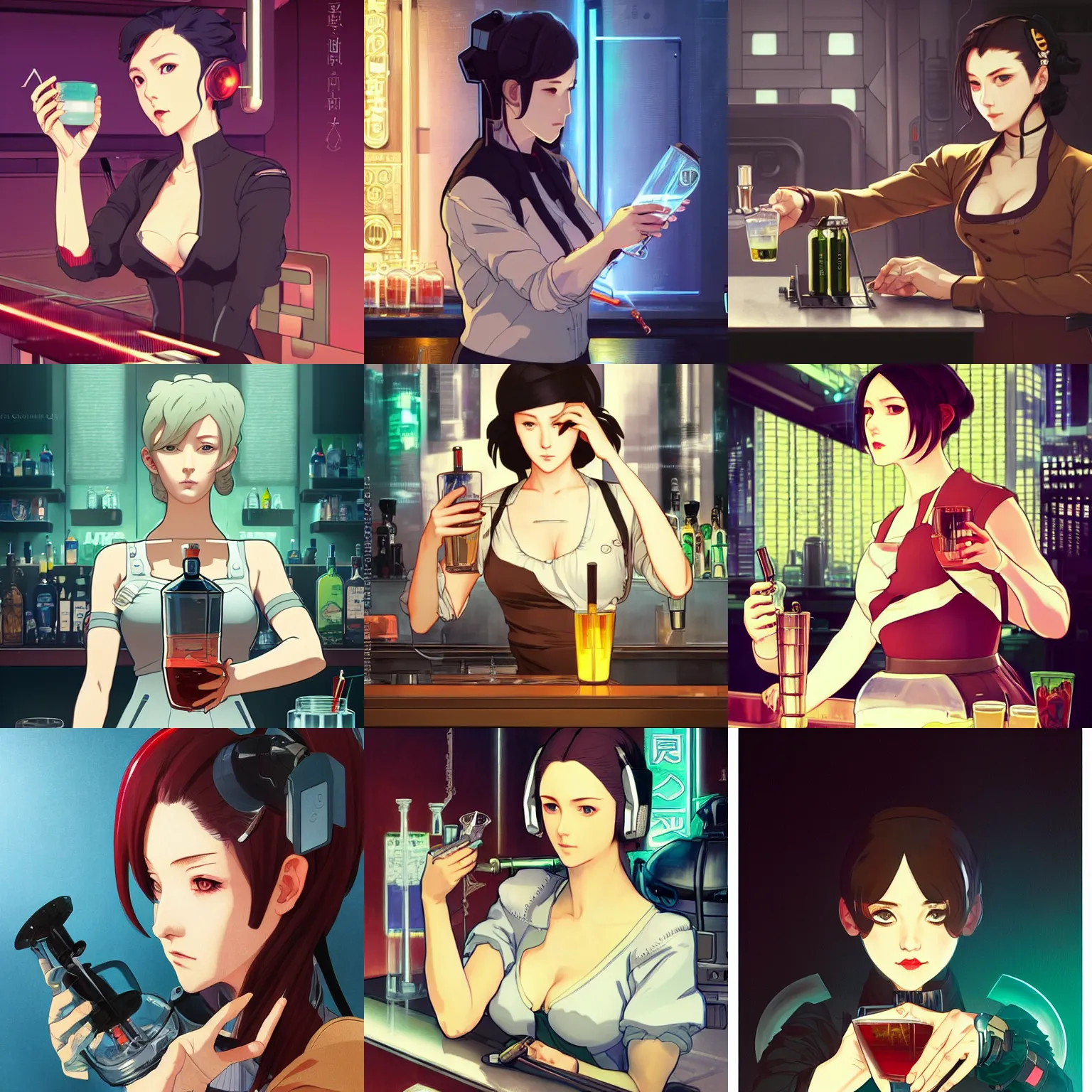 Prompt: an android bartender mixing a drink, cyberpunk, finely illustrated face, highly detailed, colored pencil, studio ghibli, tankobon, in the style of ilya kuvshinov and krenz cushart and william - adolphe bouguereau and alphonse mucha