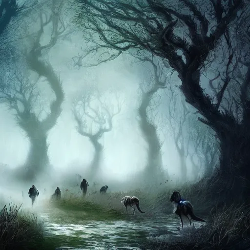 Image similar to aspectacular moody fantasy painting, spectral figures coming out of the fog with their pack of wolves, leaves and feathers twisted in their hair, moss growing on their clothes, destructive magic pulsing at their fingertips, cgsociety art