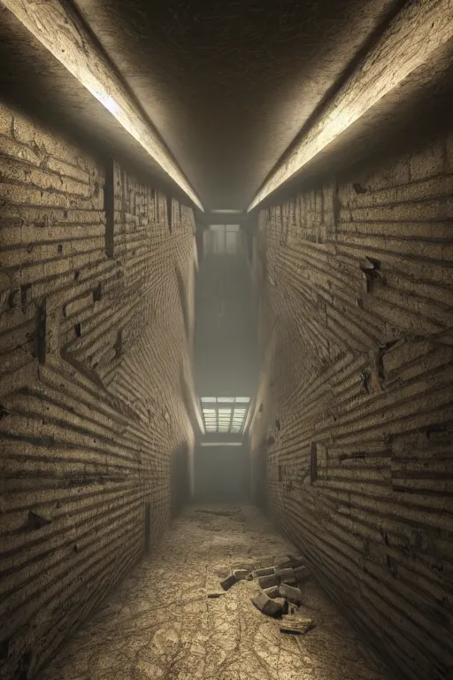 Prompt: bunker Building labyrinth of corridors from the inside, like a cross-section through a body, dark, moody, almost no light, hyper-realistic environment, Epic concept art. bokeh, Octane render and Unreal Engine