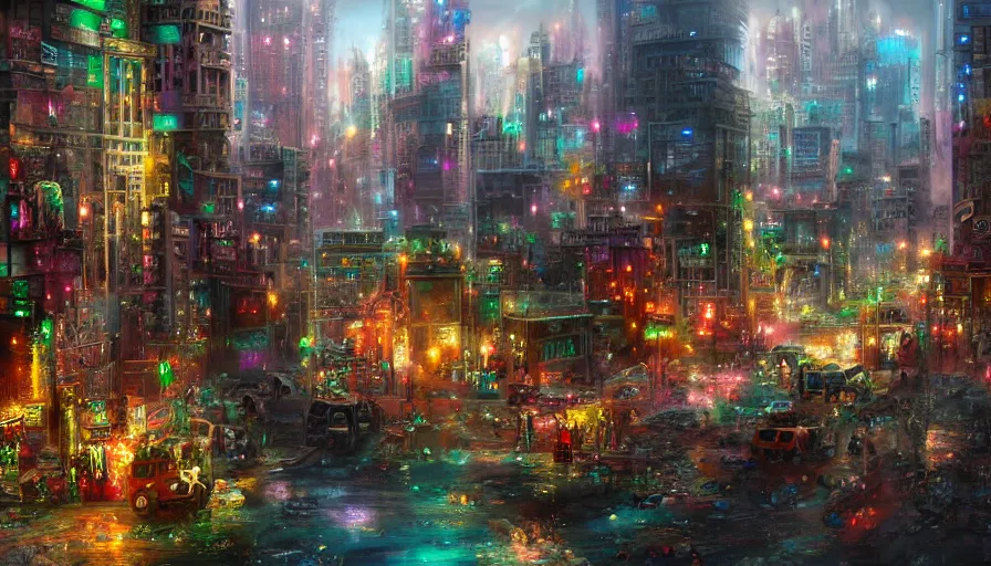 Prompt: a gritty cityscape made of sapphires, emeralds, and rubies, matte art, 4k