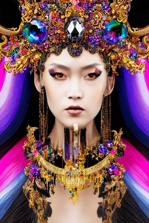 Image similar to a singular beautiful empress dramatic portrait, black hair, with a brilliant, impossible striking shiny big multi colored crystal headpiece, symmetrical, reflective surface, rainbow crystal clothes, rococo, baroque, jewels, asian, realistic, dramatic studio lighting, closeup, D&D, fantasy, intricate, elegant, highly detailed, digital painting, artstation, octane render, 8k, concept art, matte, sharp focus, illustration, art by Artgerm and Greg Rutkowski and Alphonse Mucha