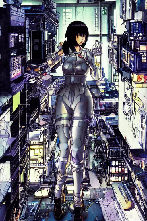 Image similar to hyperdetailed cyberpunk anime illustration of motoko kusanagi in lab getting repaired, by masamune shirow and katsuhiro otomo