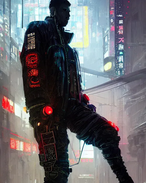Image similar to detailed full body Blade Runner, cyberpunk futuristic neon, reflective coat, decorated with traditional Japanese ornaments by Ismail inceoglu dragan bibin hans thoma greg rutkowski Alexandros Pyromallis Nekro Rene Maritte Illustrated, fine details, realistic shaded, fine-face, pretty face