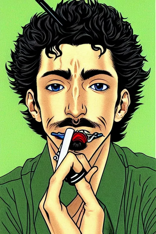 Image similar to handsome!! hyper realistic man with curly black hair, tan skin, green eyes, anchor goatee, smoking a cigarette | art by hirohiko araki & jean giraud