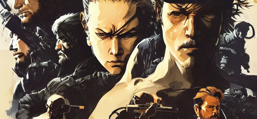 Image similar to metal gear solid, digital painting masterpiece, by ilya kuvshinov, by frank frazetta, by mœbius, by reiq, by hayao miyazaki, intricate detail, beautiful brush strokes, advanced lighting technology, 4 k wallpaper, interesting character design, stylized yet realistic anatomy and faces, inspired by kill bill animated scene