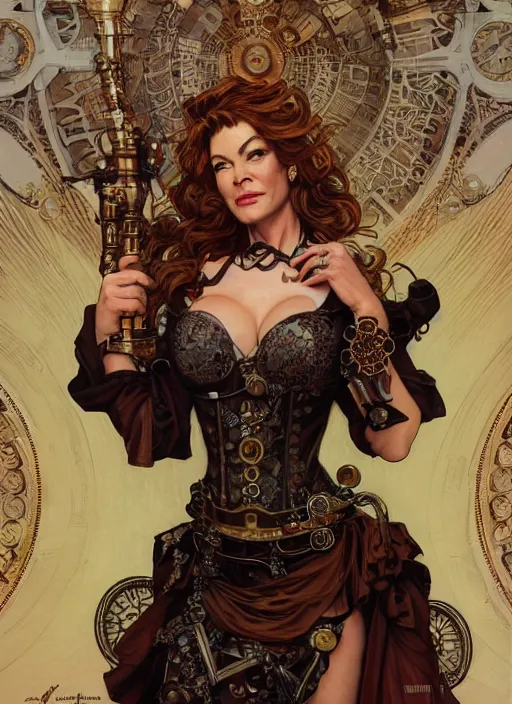 Image similar to Claudia Christian as a beautiful steampunk woman, intricate, elegant, highly detailed, centered, digital painting, artstation, concept art, smooth, sharp focus, illustration, art by artgerm and donato giancola and alphonse mucha