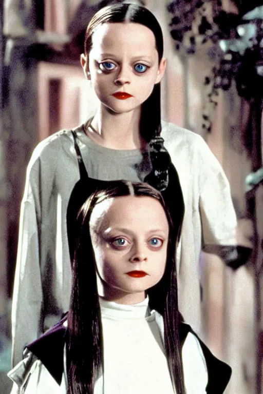 Image similar to Young Jodie Foster as Wednesday in The Addams Family movie 1991