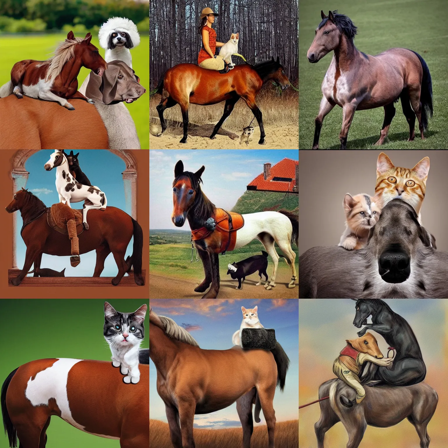 Prompt: picture of a horse with a dog on it's back and a cat on the dogs back