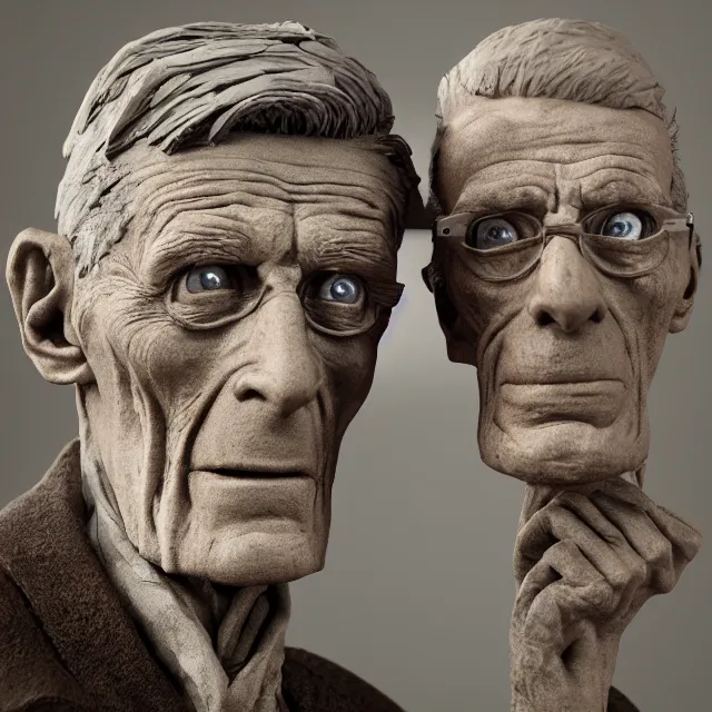 Prompt: photography of a sculpture of Samuel Beckett made of clay by Sebastian Kruger and Michelangelo, 50mm, studio atmosphere, 8K, rim light, octane render, ultra-realistic
