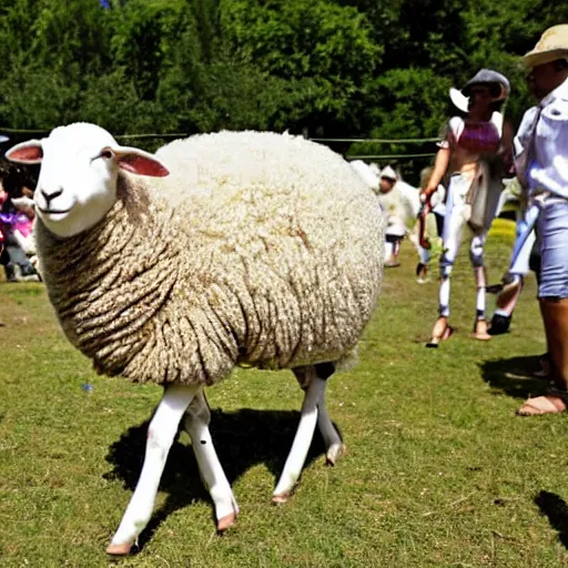 Prompt: a sheep walking in a pair of stilts carnival festival