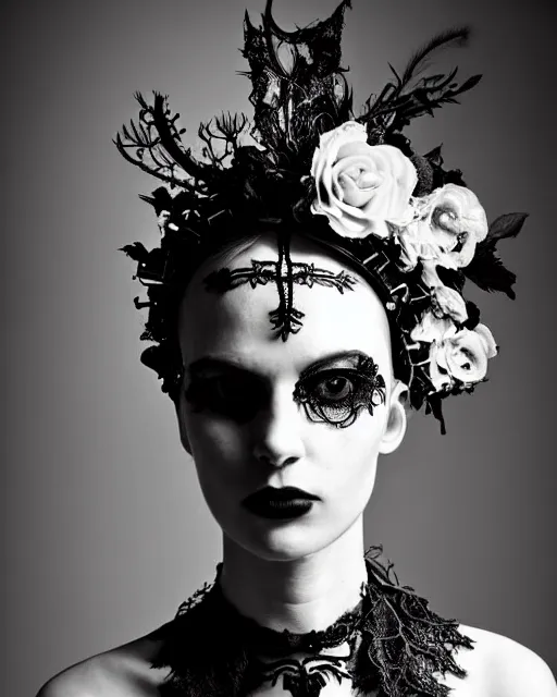 Image similar to surreal dark poetic black and white photo portrait of complex bio-mechanical beautiful young silver female vegetal-cyborg with a fur metal fine lace face, a very long neck and a fine metal floral foliage super big gothic lace collar and high floral crown by Vivienne Westwood:: smoke, high fashion, haute couture, rococo, avant-garde, dry black roses, silver filigree details, anatomical, facial muscles, cable wires, microchip, elegant, dreamy, foggy atmosphere, hyper realistic, 150 mm lens, soft rim light, octane render, unreal engine, picture was taken in 1910 by Man Ray, volumetric lighting, dramatic light,8k,