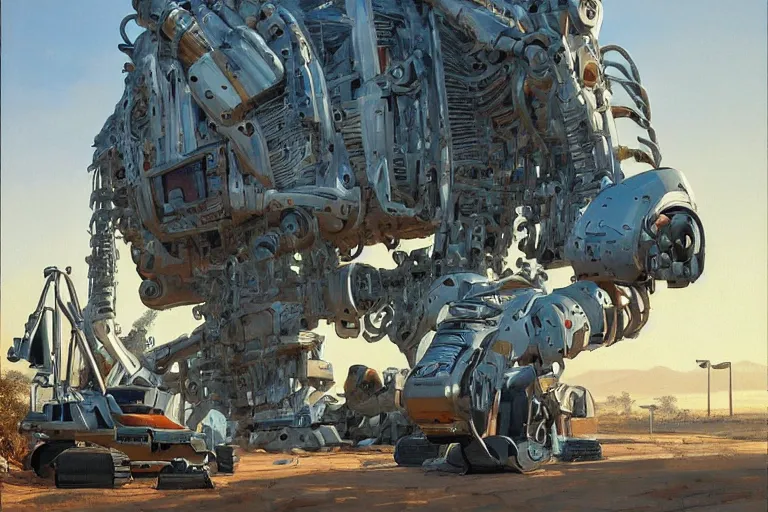 Image similar to natural landscape | robot repairing another robot, painting by syd mead, highly detailed, rule of third, soft lighting, 8 k resolution, oil on canvas, architectural magazine, beautiful detailed, insanely intricate details, artstation trending, hypermaximalistic, high details, cinematic