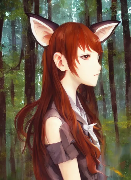 Image similar to portrait painting by shigenori soejima, girl, fox ears, focus on face, forest background, pretty, cinematic lighting, painterly, long wavy orange hair, light brown trenchcoat