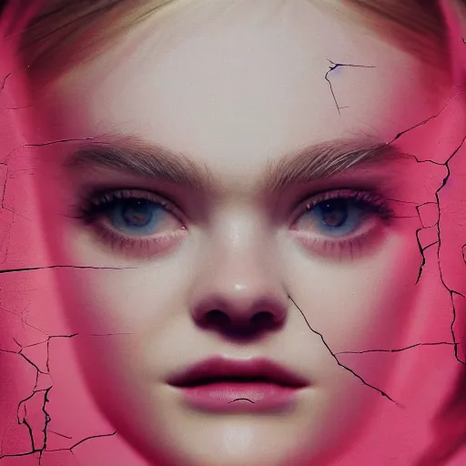 Image similar to glitch art of Elle Fanning, VHS. 8K. Extremely detailed.