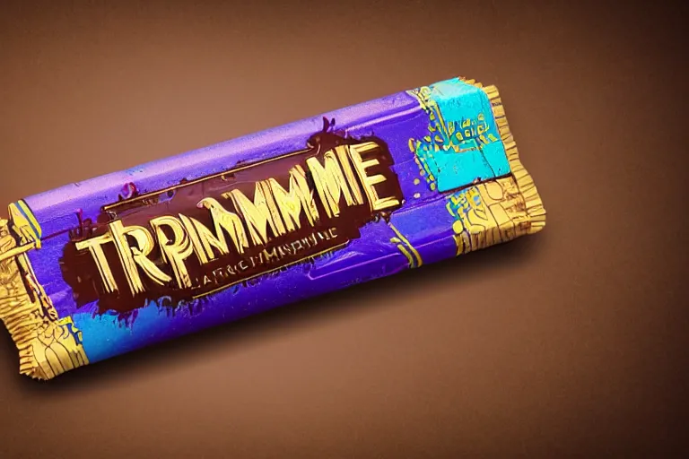 Prompt: mockup of a wrapped chocolate bar, name is tripmachine, realistic digital art, label is printed with a 3 d render of a huge futuristic steampunk generator, 8 k, fluorescent colors, halluzinogenic, multicolored, exaggerated detailed, unreal engine