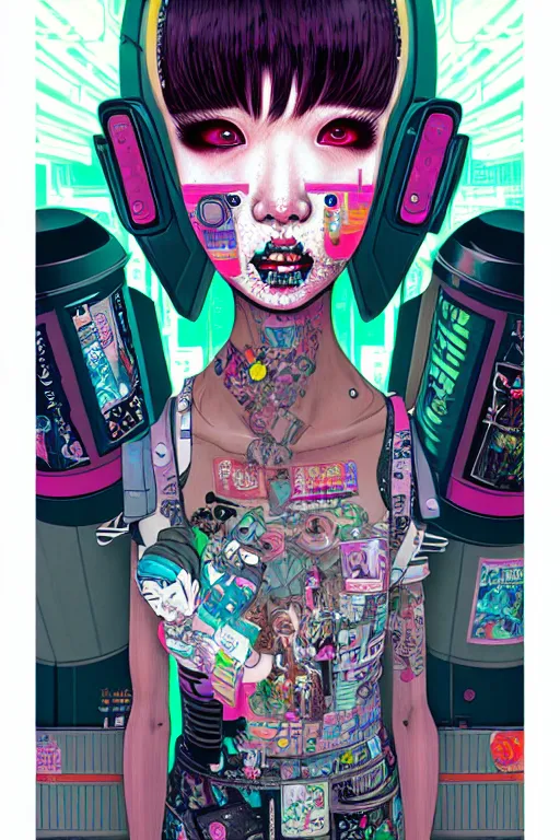 Prompt: full view, from a distance, of anthropomorphic trashcan who is cyberpunk girl, style of yoshii chie and hikari shimoda and martine johanna, highly detailed